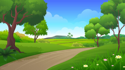 Obraz premium Rural views of the road on the hill with beautiful expanses of rice fields and mountains under summer blue sky