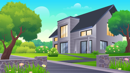 Modern village house with beautiful green yard, street and trees. real estate, architecture, advertising Concept Vector Illustrations 