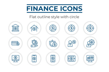 Finance icons flat outline style with circle