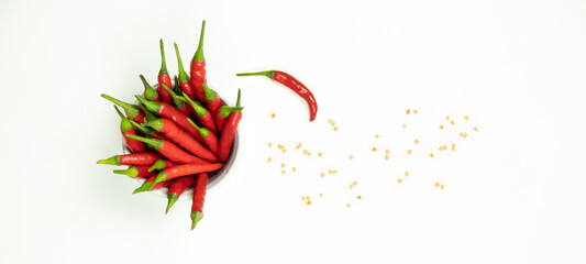 Flat lay composition with fresh chili pepper pods and scattered seeds on white background. Banner,...