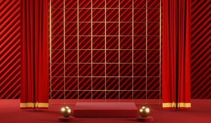 3D rendering of blank product background for cream cosmetics Modern red podium background