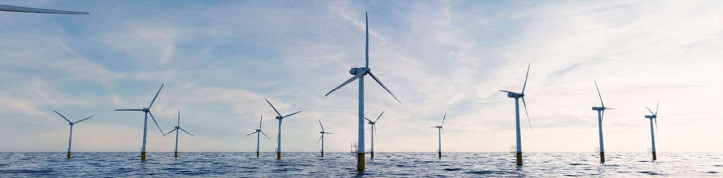 Wind Turbines. Offshore Wind Farm at Dusk. Renewable Electricity Concept.