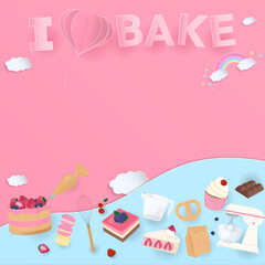 Bakery and baking tools with text on pink background