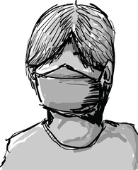 Hand drawn line drawing of a boy wearing a mask to prevent corona virus.