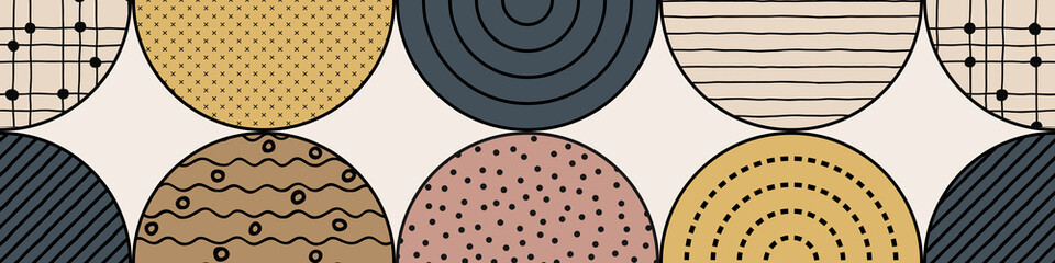 Seamless border, circles of different textures and shades, abstract vector background, design elements