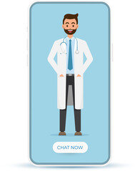 Doctor man smiling with smart phone. Mobile application tele health care concept. Isolated transparent background.