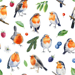 Seamless pattern with robin birds, branches, leaves and berries, hand drawn watercolor painting