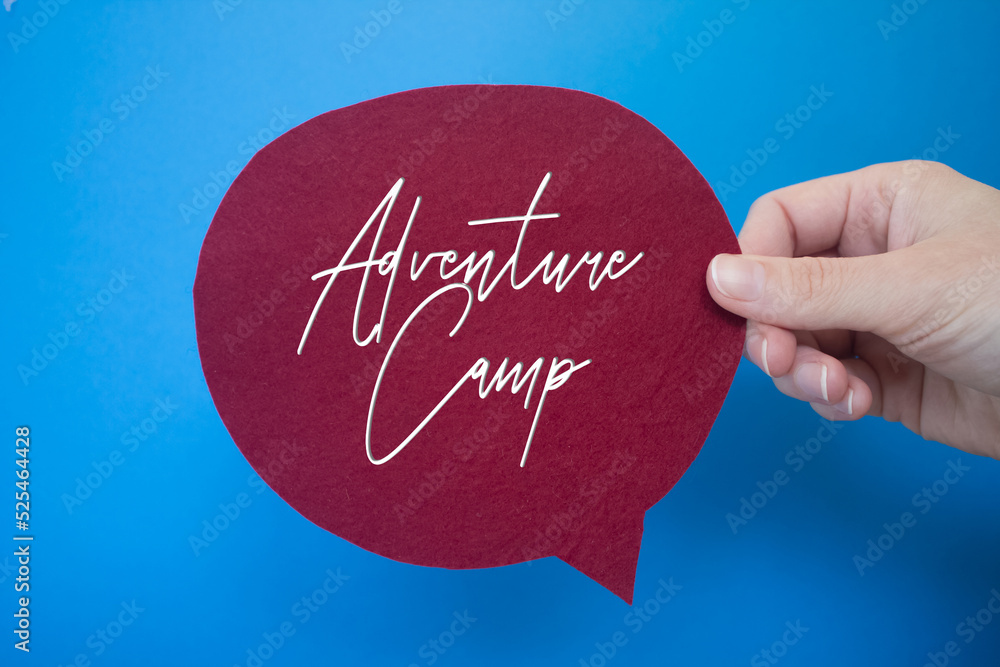Poster speech bubble in front of colored background with adventure camp text.
