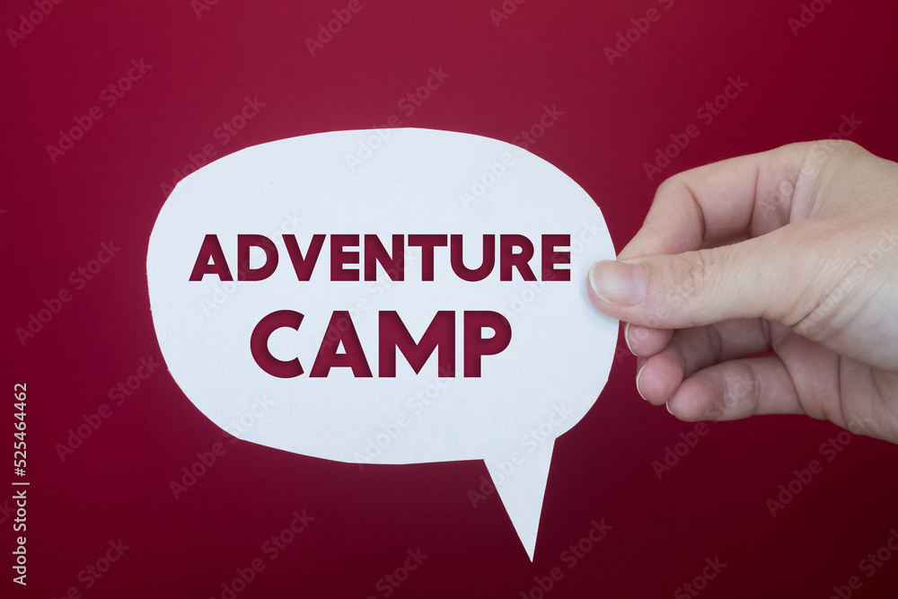 Poster speech bubble in front of colored background with adventure camp text.