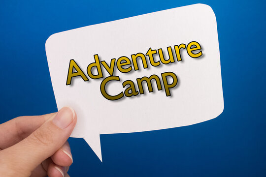 Speech bubble in front of colored background with Adventure Camp text.