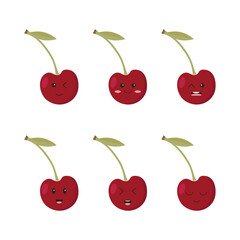 Set of cherry icons in kawaii style isolated on white background. Sweet vector design illustration