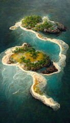 Aerial view of small exotic atoll islands in the open ocean sea. Beautiful nature. 3D illustration.
