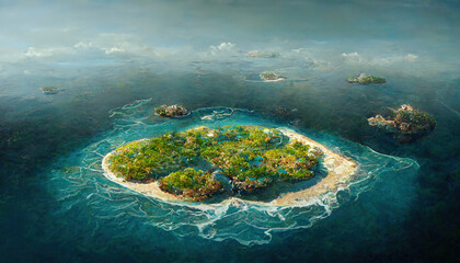 Aerial view of small exotic atoll islands in the open ocean sea. Beautiful nature. 3D illustration. - obrazy, fototapety, plakaty