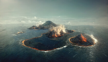 Aerial view of small eruption atoll islands archipelago in the ocean. 3D illustration. - obrazy, fototapety, plakaty