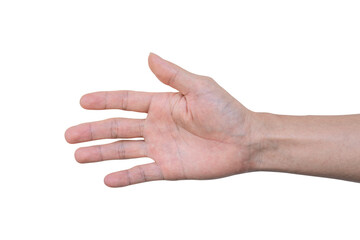 Closeup of male hand showing gesture sign on transparent background - PNG format.