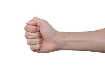 Closeup of male hand showing gesture sign on transparent background - PNG format.