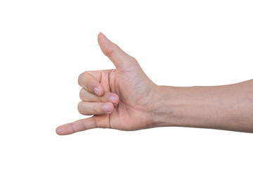 Closeup of male hand showing gesture sign on transparent background - PNG format.