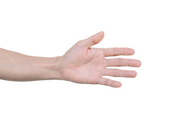 Closeup of male hand showing gesture sign on transparent background - PNG format.