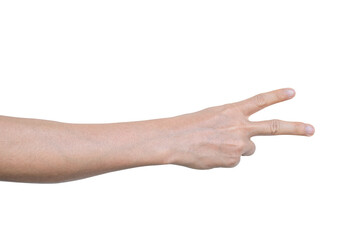 Closeup of male hand showing gesture sign on transparent background - PNG format.