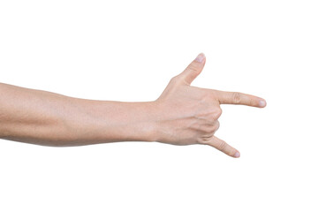 Closeup of male hand showing gesture sign on transparent background - PNG format.