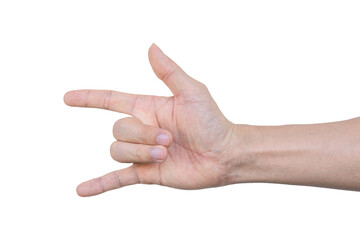 Closeup of male hand showing gesture sign on transparent background - PNG format.