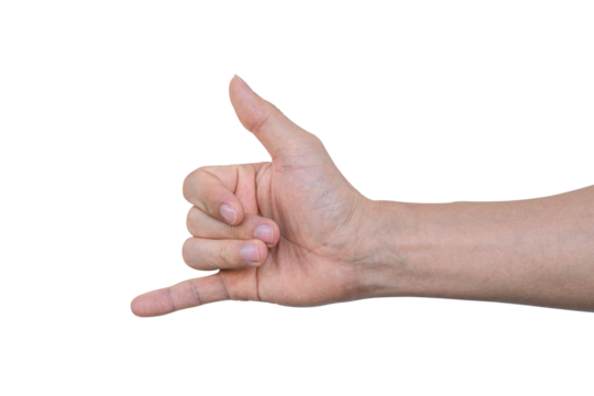 Closeup of male hand showing gesture sign on transparent background - PNG format.