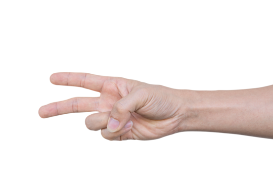 Closeup of male hand showing gesture sign on transparent background - PNG format.