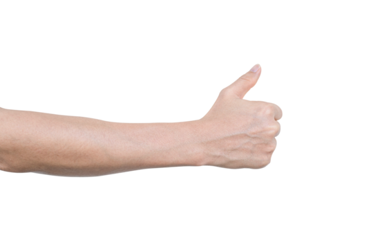 Closeup of male hand showing gesture sign on transparent background - PNG format.