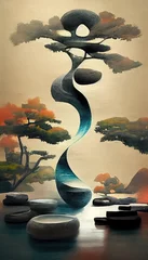Keuken foto achterwand Oriental abstract landscape illustration. Japanese watercolor wash painting style. 3D illustration. © Bisams