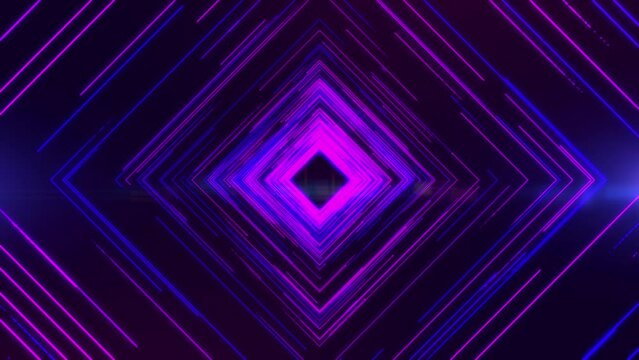 Tunnel neon light seamless looped, glowing line neon light moving forward, Purple square shape tunnel motion abstract background.