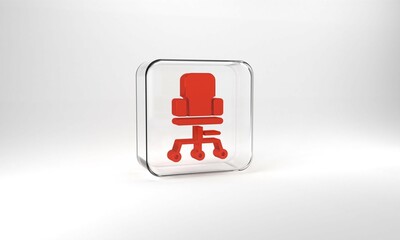 Red Office chair icon isolated on grey background. Glass square button. 3d illustration 3D render