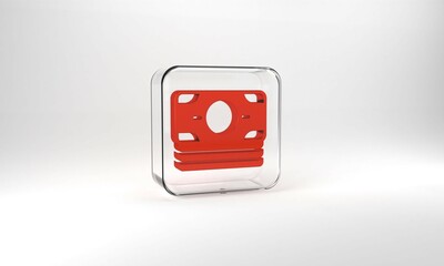 Red Stacks paper money cash icon isolated on grey background. Money banknotes stacks. Bill currency. Glass square button. 3d illustration 3D render