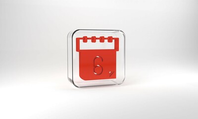 Red Calendar icon isolated on grey background. Event reminder symbol. Glass square button. 3d illustration 3D render