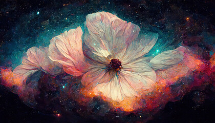 Abstract, beautiful galaxy illustration flower in cosmos, the universe in the background, artistic visualization fantasy fairy tail wallpaper with glowing stars and planets colorful futuristic concept