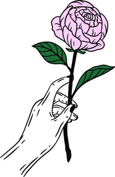 Women Hand Holding Rose Flower Gesture Flat line Art illustration
