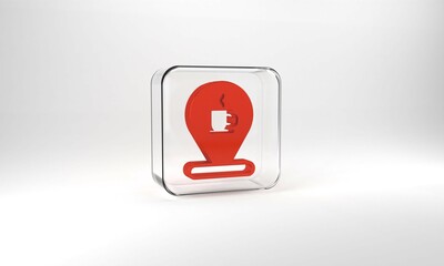 Red Location with coffee cup icon isolated on grey background. Glass square button. 3d illustration 3D render