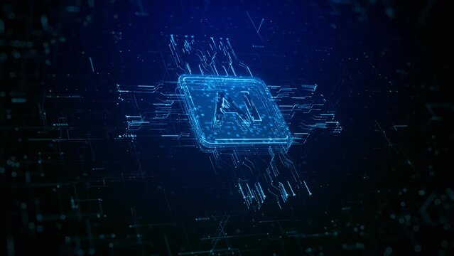 Blue particles AI logo technology digital data, Technology network connection and futuristic technology abstract background