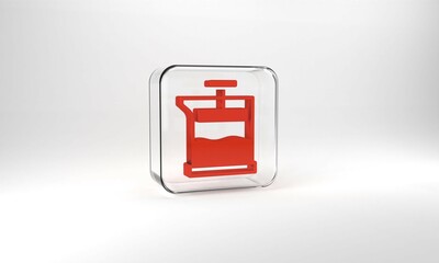 Red French press icon isolated on grey background. Glass square button. 3d illustration 3D render