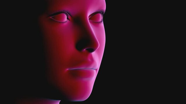 Kopf einer Statue in Drehung vom Profil in die Totale - close-up freigestellt auf schwarzem Hintergrund