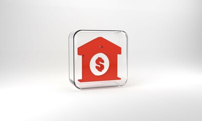 Red Warehouse price icon isolated on grey background. Glass square button. 3d illustration 3D render