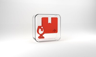 Red Delivery package box with fragile content symbol of broken glass icon isolated on grey background. Box, package, parcel sign. Glass square button. 3d illustration 3D render