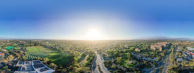 Aerial view of towards Stanford campus and Hoover tower, Palo Alto and Silicon Valley from the...