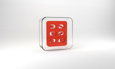 Red Pills in blister pack icon isolated on grey background. Medical drug package for tablet, vitamin, antibiotic, aspirin. Glass square button. 3d illustration 3D render