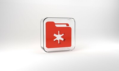 Red Medical health record folder for healthcare icon isolated on grey background. Patient file icon. Medical history symbol. Glass square button. 3d illustration 3D render