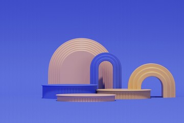 Minimal scene with arch podium and abstract background. blue and purple , pink colors scene. Trendy 3d render for social media banners, promotion, cosmetic product show. Geometric shapes interior.

