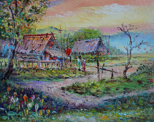 Art painting Oil color Thailand Countryside , rice field