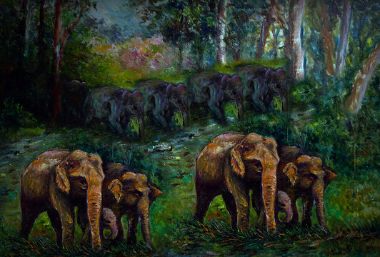  art painting Oil color Elephant family thailand   