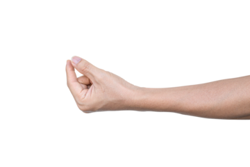 Closeup of male hand showing gesture sign on transparent background - PNG format.