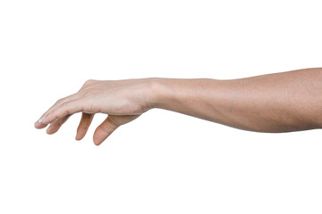 Closeup of male hand showing gesture sign on transparent background - PNG format.