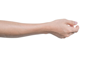 Closeup of male hand showing gesture sign on transparent background - PNG format.